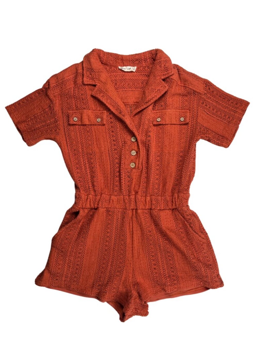 New In Women's Small Rust Orange Crochet Romper Button Front Boho Pockets